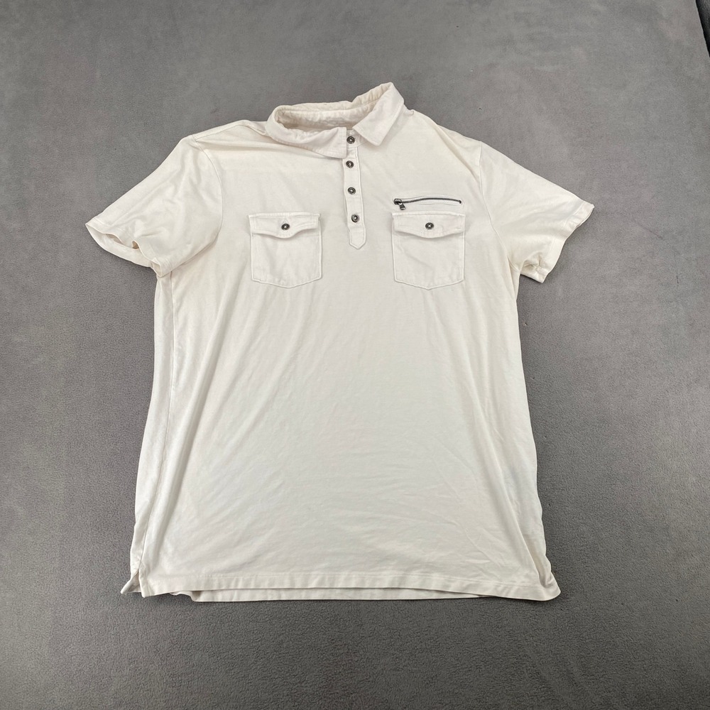 Rock & Republic Mens XL Short Sleeve Polo Shirt Cream Off-White Zipper Pocket